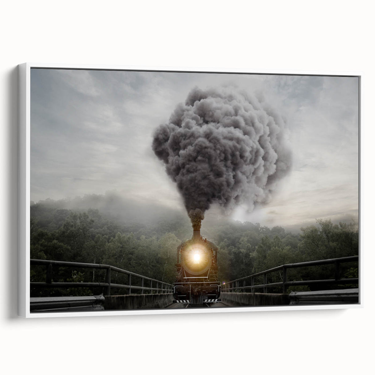 Vintage poster art of a colorful train on a black background, framed canvas, ideal for living room decor.