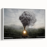 Vintage poster art of a colorful train on a black background, framed canvas, ideal for living room decor.