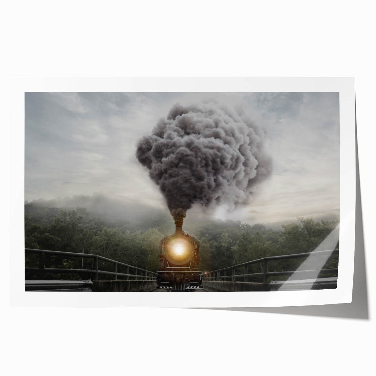 Vintage train illustration in muted earth tones on a rolled print, suitable as art wall dining room decor.
