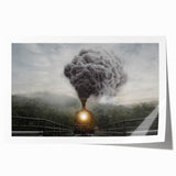 Vintage train illustration in muted earth tones on a rolled print, suitable as art wall dining room decor.