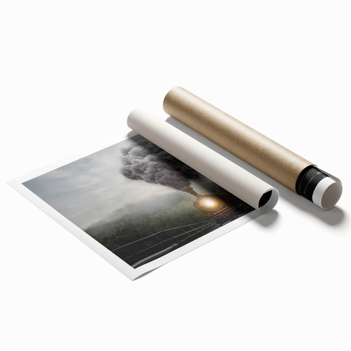 Extra large wall art featuring a detailed train illustration in muted earth tones on a rolled canvas.