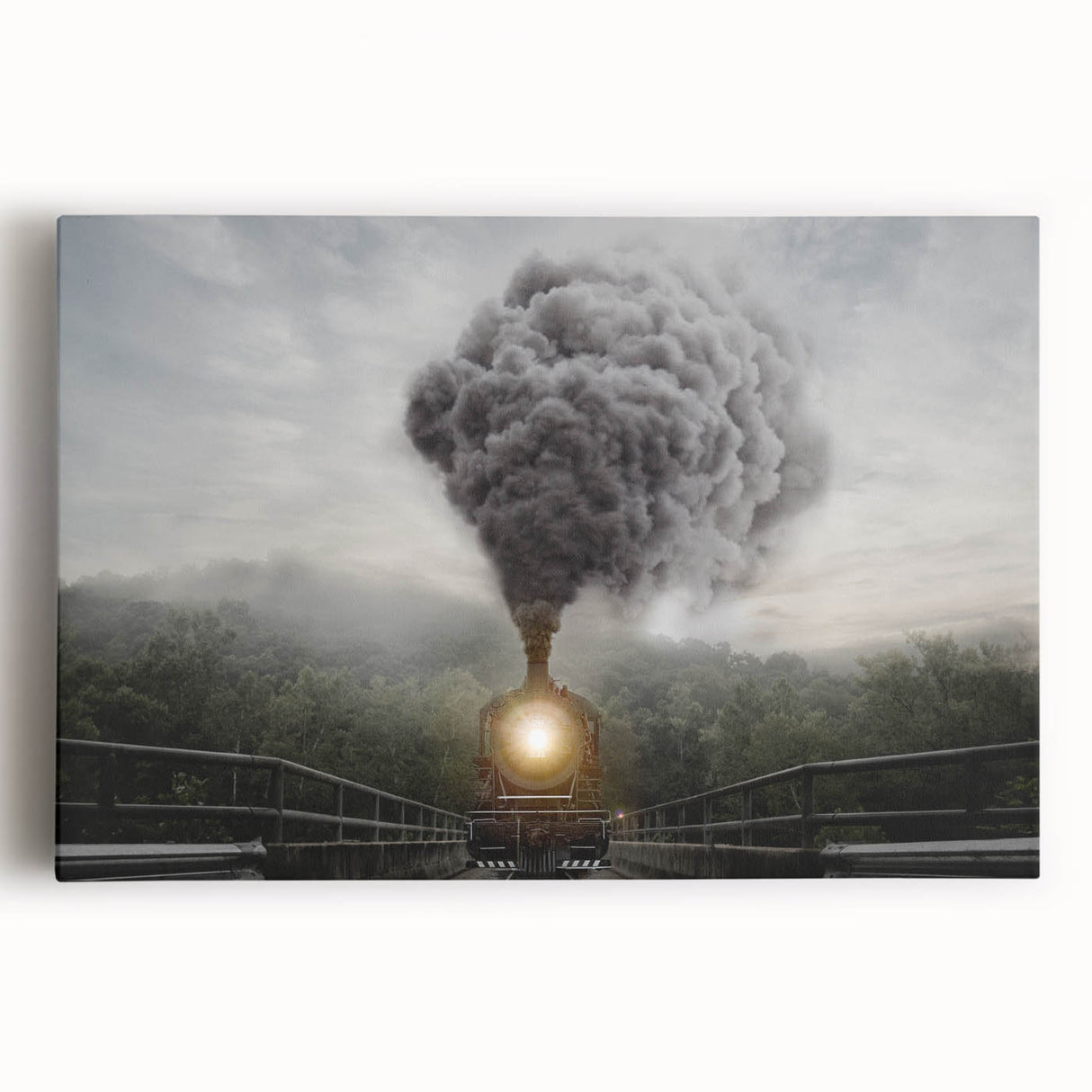 Black and white photo of a vintage train on stretched canvas, ideal for kitchen wall art.