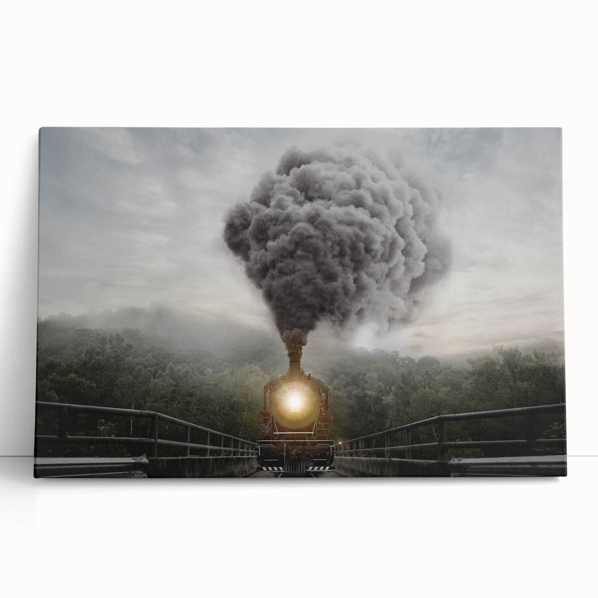 Black and white photo of a vintage train on stretched canvas, ideal for kitchen wall art or bedroom decor.