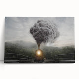 Black and white photo of a vintage train on stretched canvas, ideal for kitchen wall art or bedroom decor.