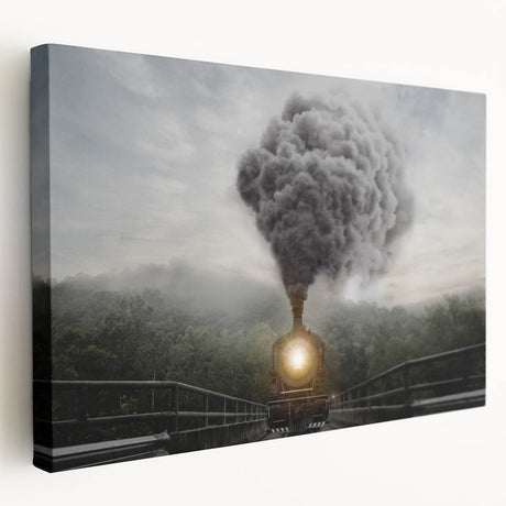 Side view of a vintage train in muted earth tones on a stretched canvas, suitable for kitchen wall art.