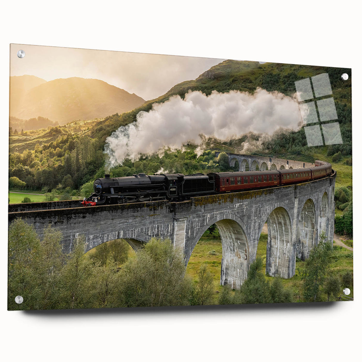 Side view of a train depicted in vibrant colors on acrylic glass, suitable for enhancing bedroom or dining room decor.