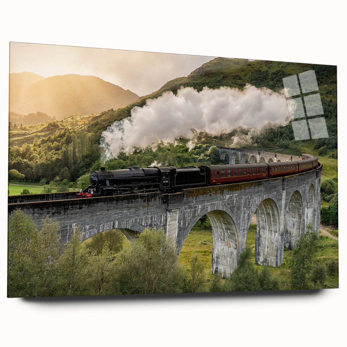 Side view of a large abstract train print in muted metallic tones on acrylic glass, suitable for bedroom or dining room art.