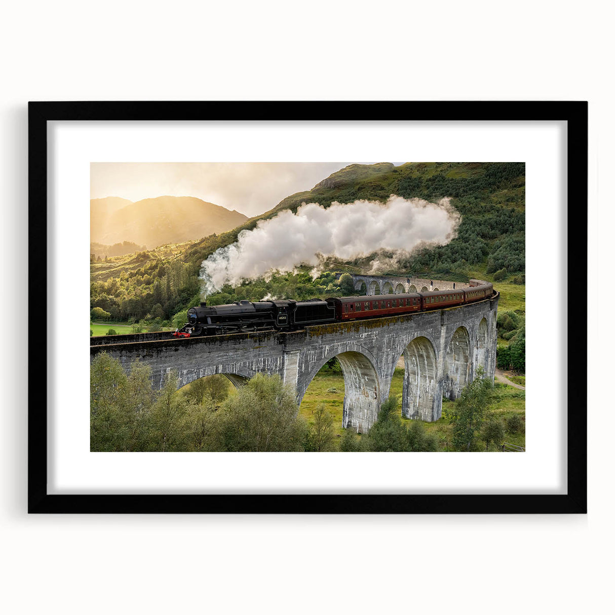 Extra large abstract art print depicting a colorful, textured train on a black framed canvas, ideal for living room decor.