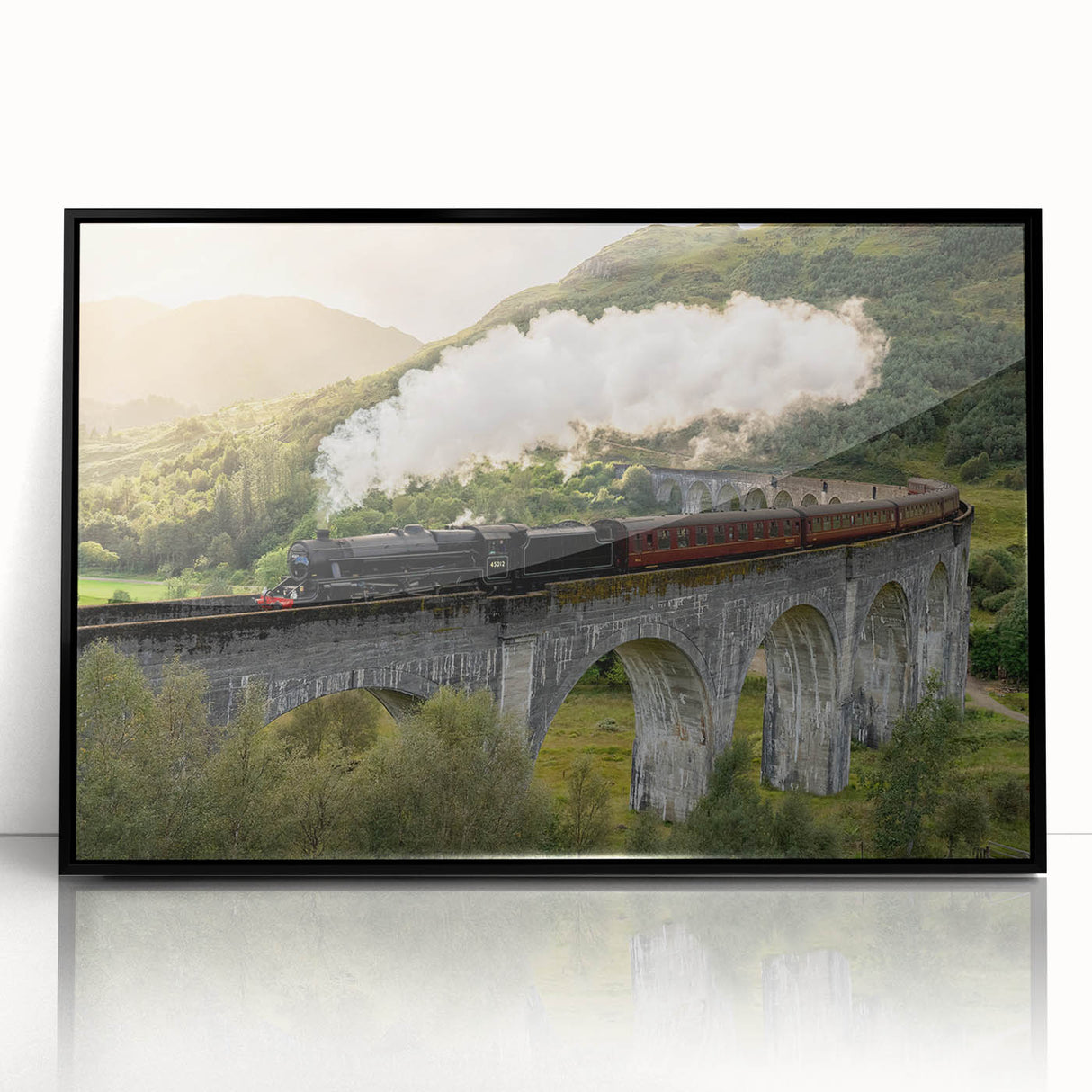 Large abstract wall art featuring a mid-century modernist train design in black and white tones on framed acrylic.
