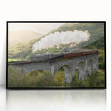 Large abstract wall art featuring a mid-century modernist train design in black and white tones on framed acrylic.