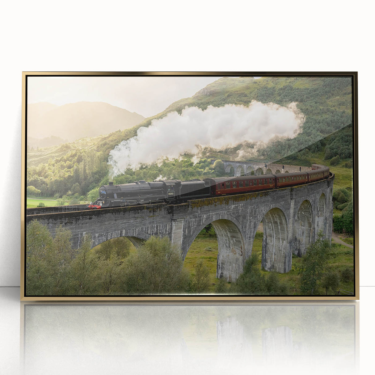 Mid-century modernist train illustration in bold colors on a gold-framed acrylic, suitable for nursery wall art.