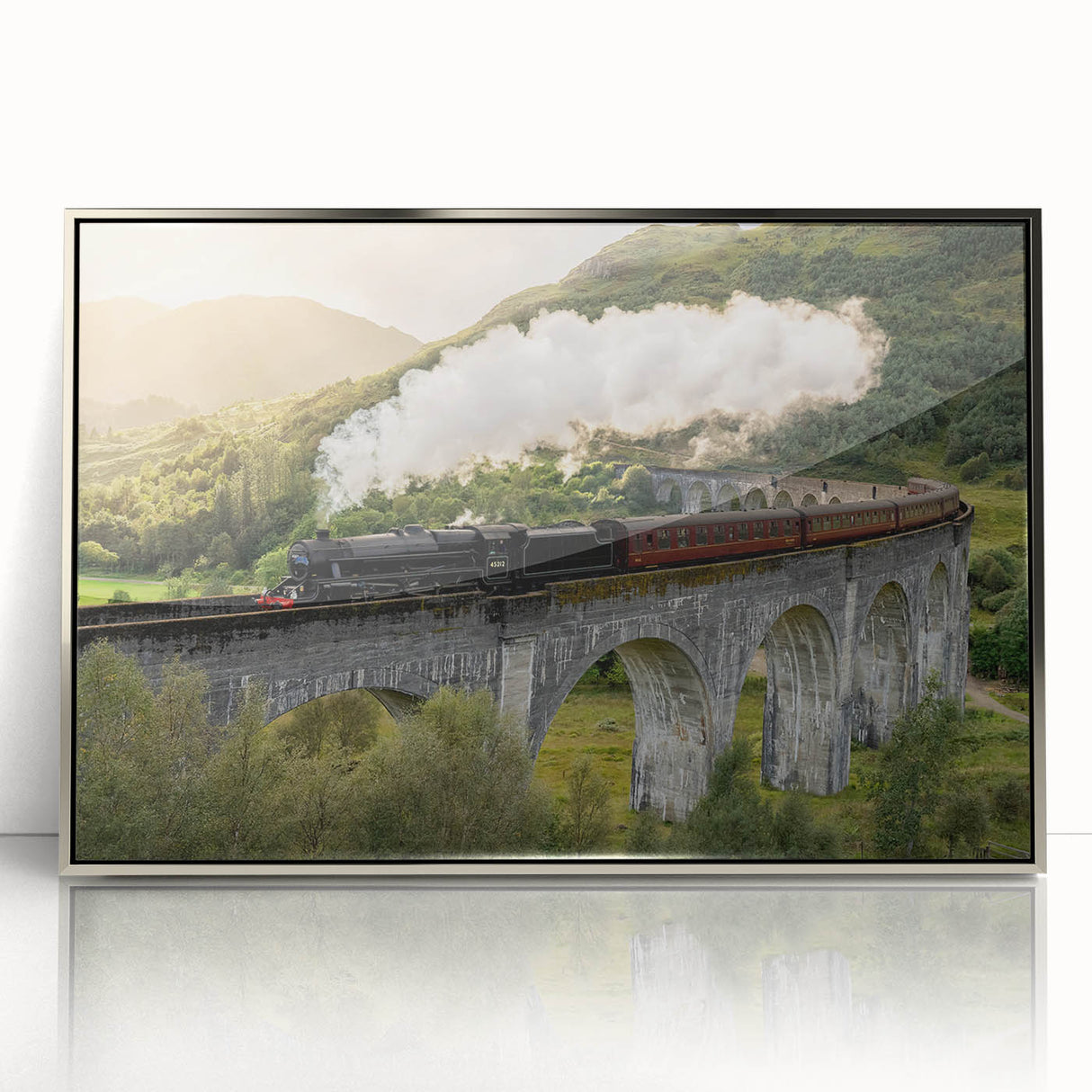 Mid-century modernist art of a streamlined train in silver and gray tones on a framed acrylic, ideal for nursery wall art.