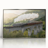 Mid-century modernist art of a streamlined train in silver and gray tones on a framed acrylic, ideal for nursery wall art.