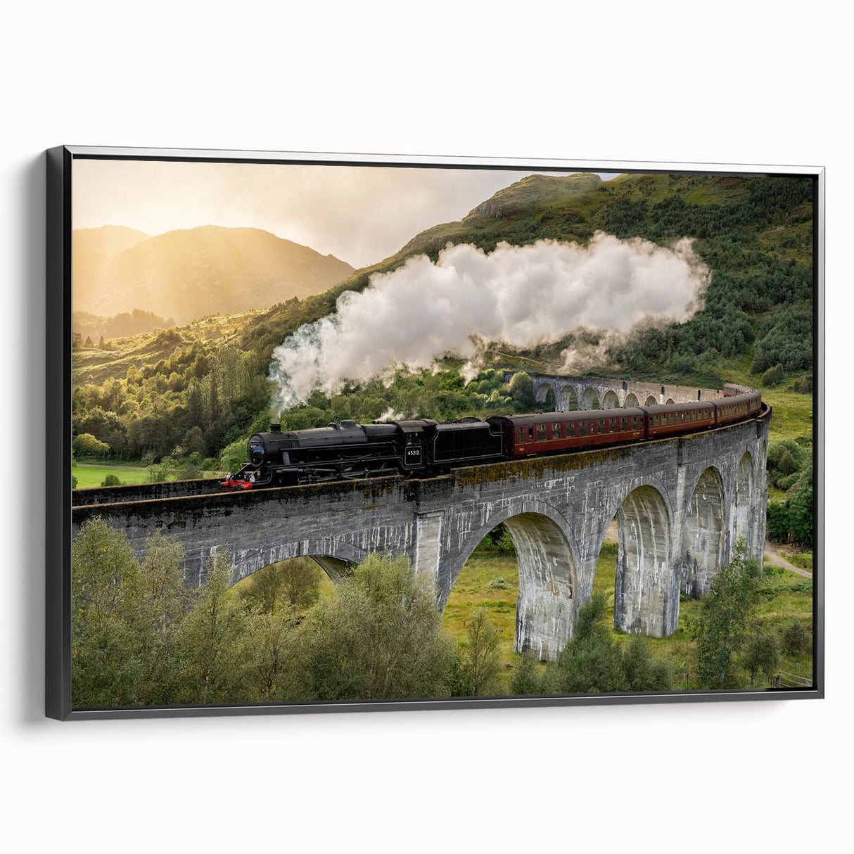 Black and white framed canvas of a vintage train landscape, ideal for bedroom wall decor.