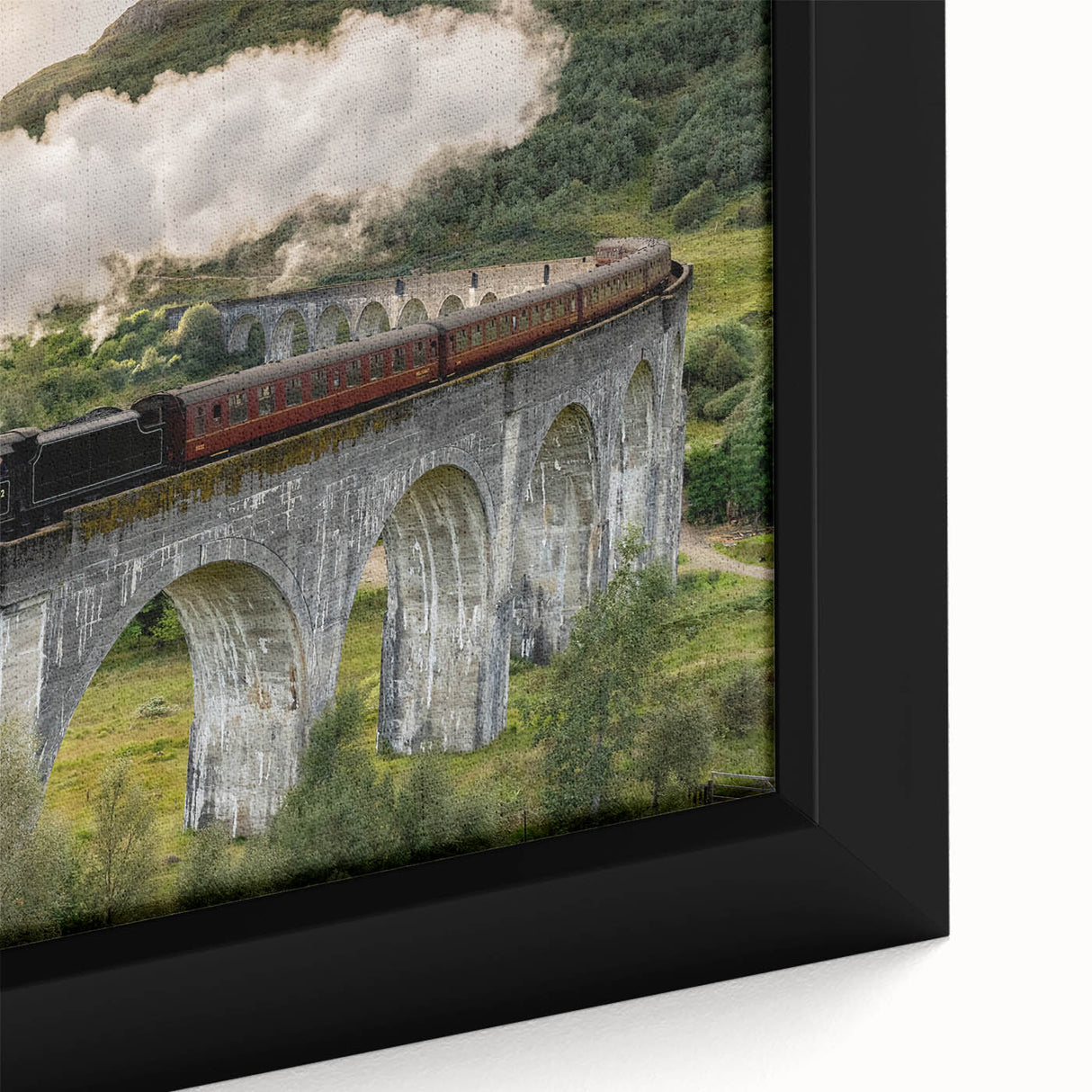 Extra large black wall art featuring a colorful, textured train design on framed canvas, ideal for living room decor.