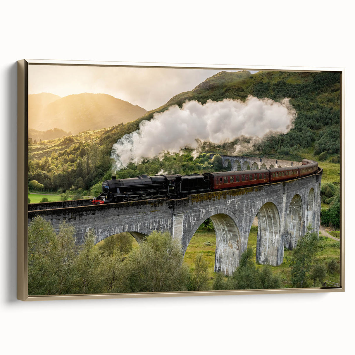 Framed canvas featuring a vintage-style black train landscape painting, ideal for bedroom wall art.