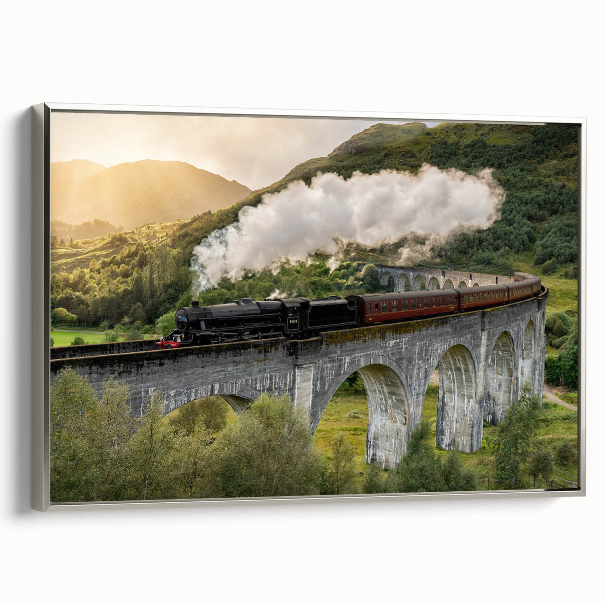 Framed canvas of a vintage train in a colorful landscape, ideal for office or study room decor.