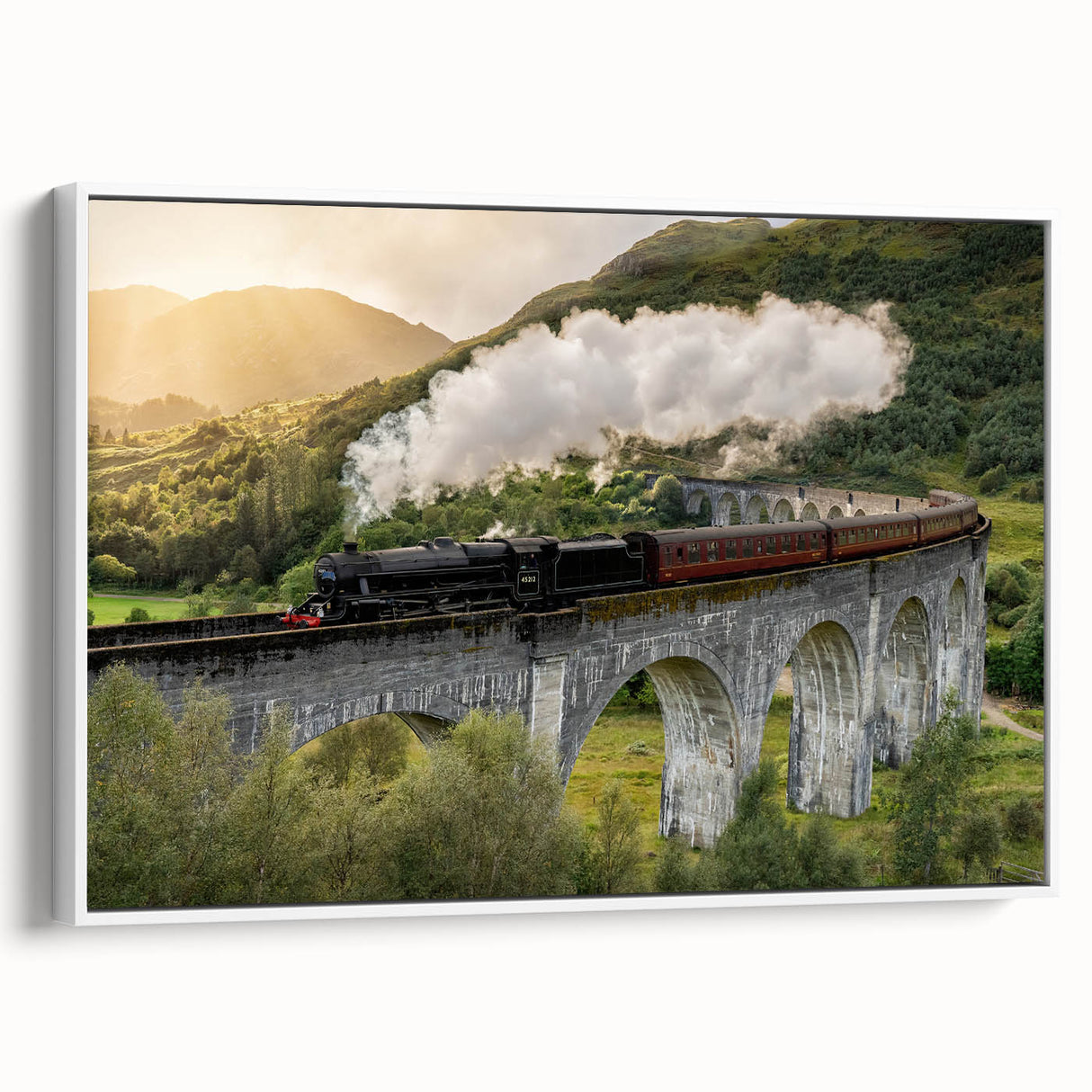 Vintage poster art of a classic train in colorful tones on a large framed canvas, ideal for living room decor.