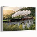 Vintage poster art of a classic train in colorful tones on a large framed canvas, ideal for living room decor.
