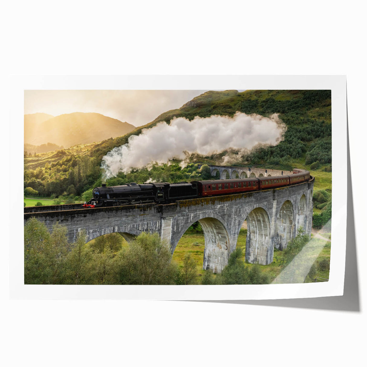 Extra large rolled print of a vintage train in muted earth tones, ideal for dining room wall art.