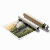 Extra large rolled print of a vintage train in muted earth tones, suitable for classy bathroom wall art.