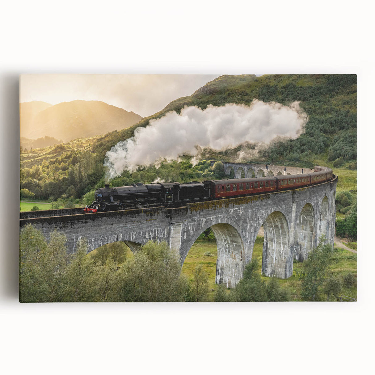 Black and white photo of a vintage train on stretched canvas, suitable for kitchen wall art.