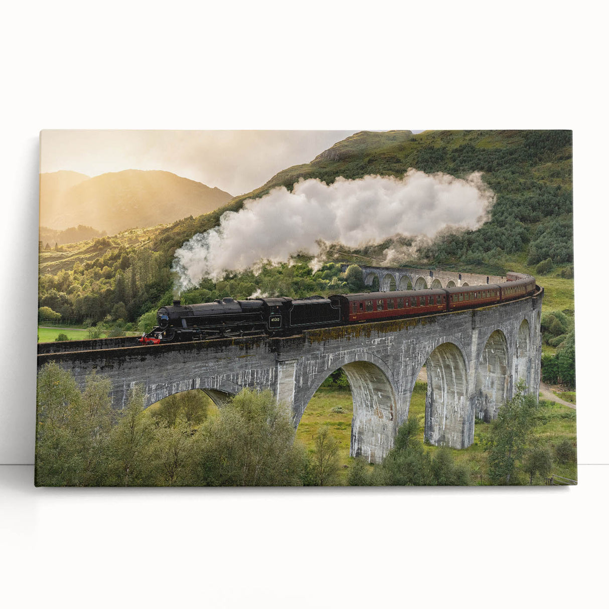 Black and white photo of a vintage train on stretched canvas, suitable as large kitchen wall art or for bedroom decor.