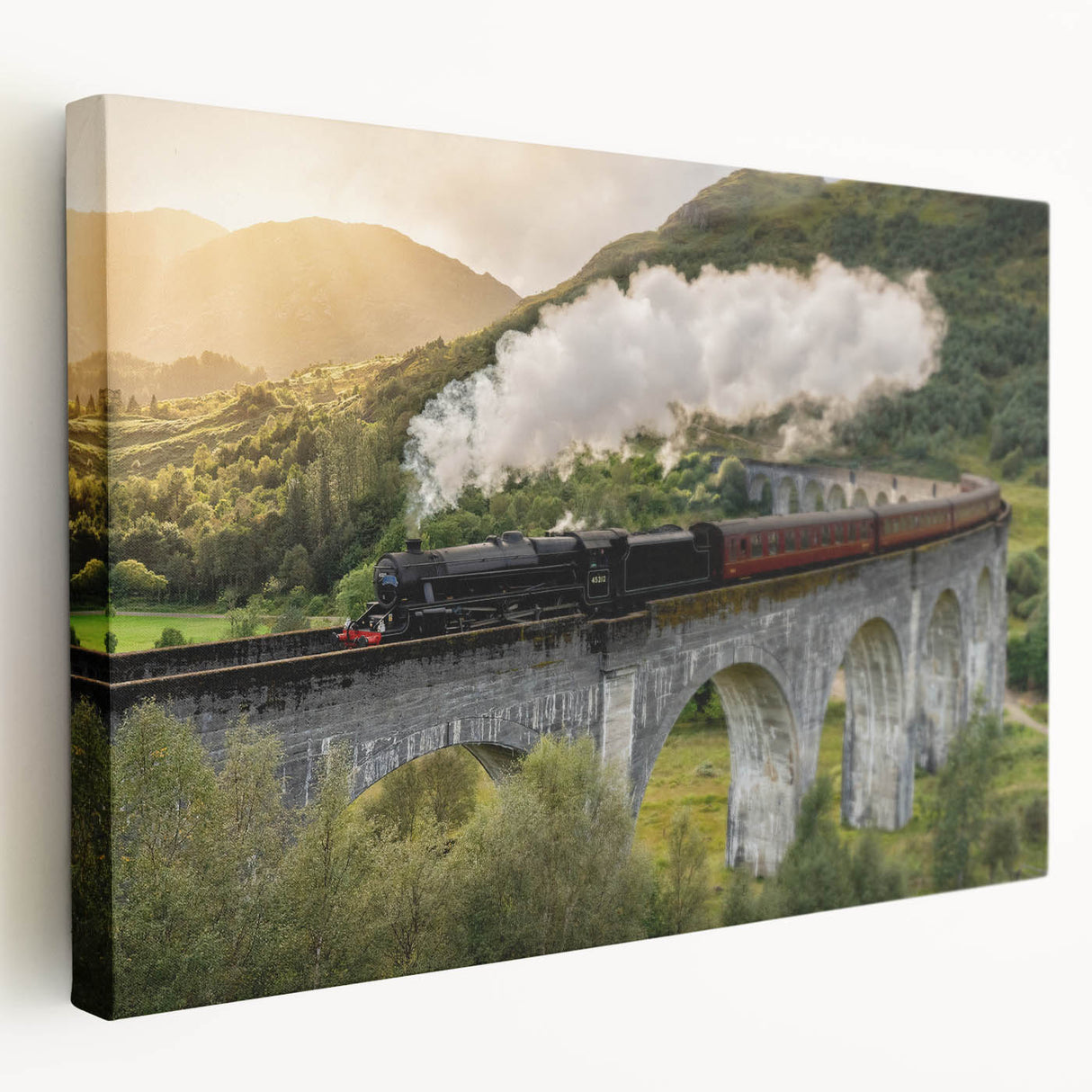 Side view of a vintage train in muted gray and black, printed on large stretched canvas, suitable for kitchen wall decor.