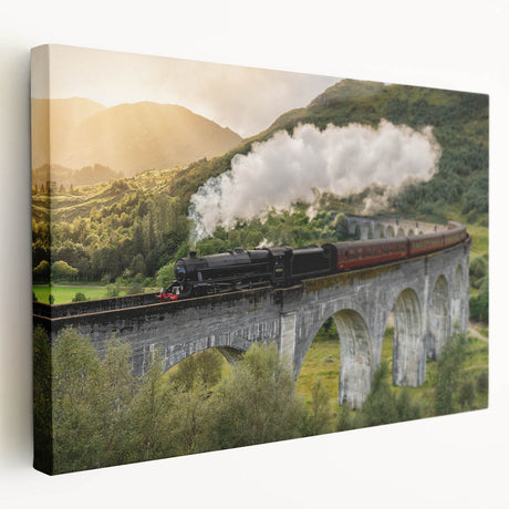 Side view of a vintage train in muted gray and black, printed on large stretched canvas, suitable for kitchen wall decor.