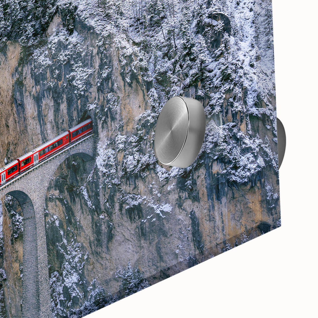 Mid-century modernist train illustration in muted gray and blue tones on large acrylic glass, ideal for dining room art.