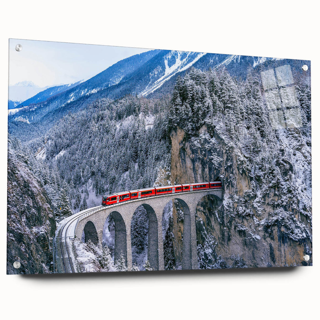 Acrylic print of a train in motion, using muted gray and blue tones, suitable for bedroom or dining room decor.