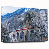 Acrylic print of a train in motion, using muted gray and blue tones, suitable for bedroom or dining room decor.