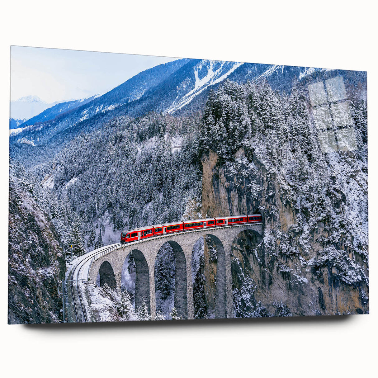 Side view of a large abstract train print on acrylic glass, featuring neutral and metallic tones.