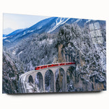 Side view of a large abstract train print on acrylic glass, featuring neutral and metallic tones.