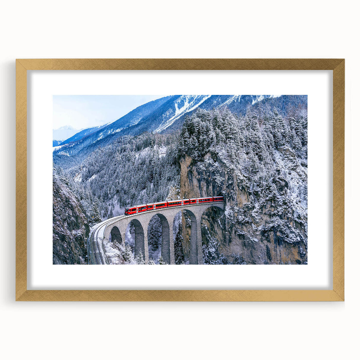 Extra large abstract art print of a stylized train in textured gold and black, framed with a mat.