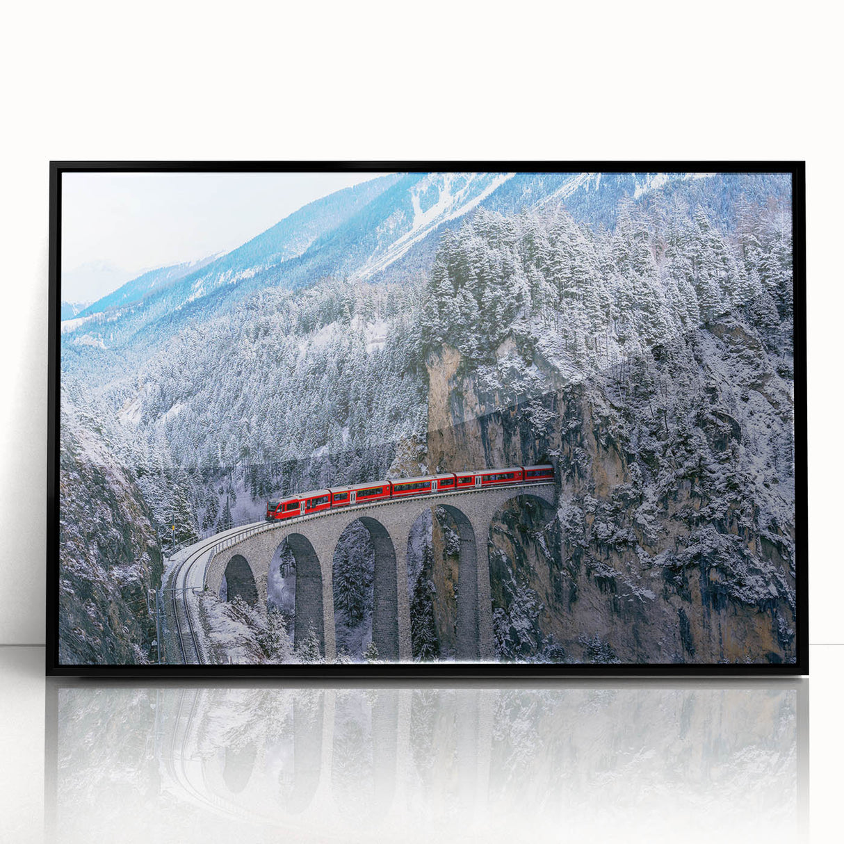 Large abstract wall art featuring a stylized train in black and gray tones on a framed acrylic.