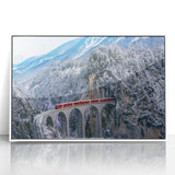 Art deco poster of a vintage train in muted earth tones, framed acrylic, ideal for nursery wall art.