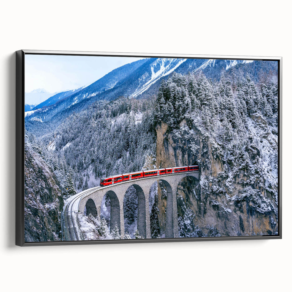 Black and white vintage poster art of a train landscape on framed canvas, suitable for bedroom wall decor.