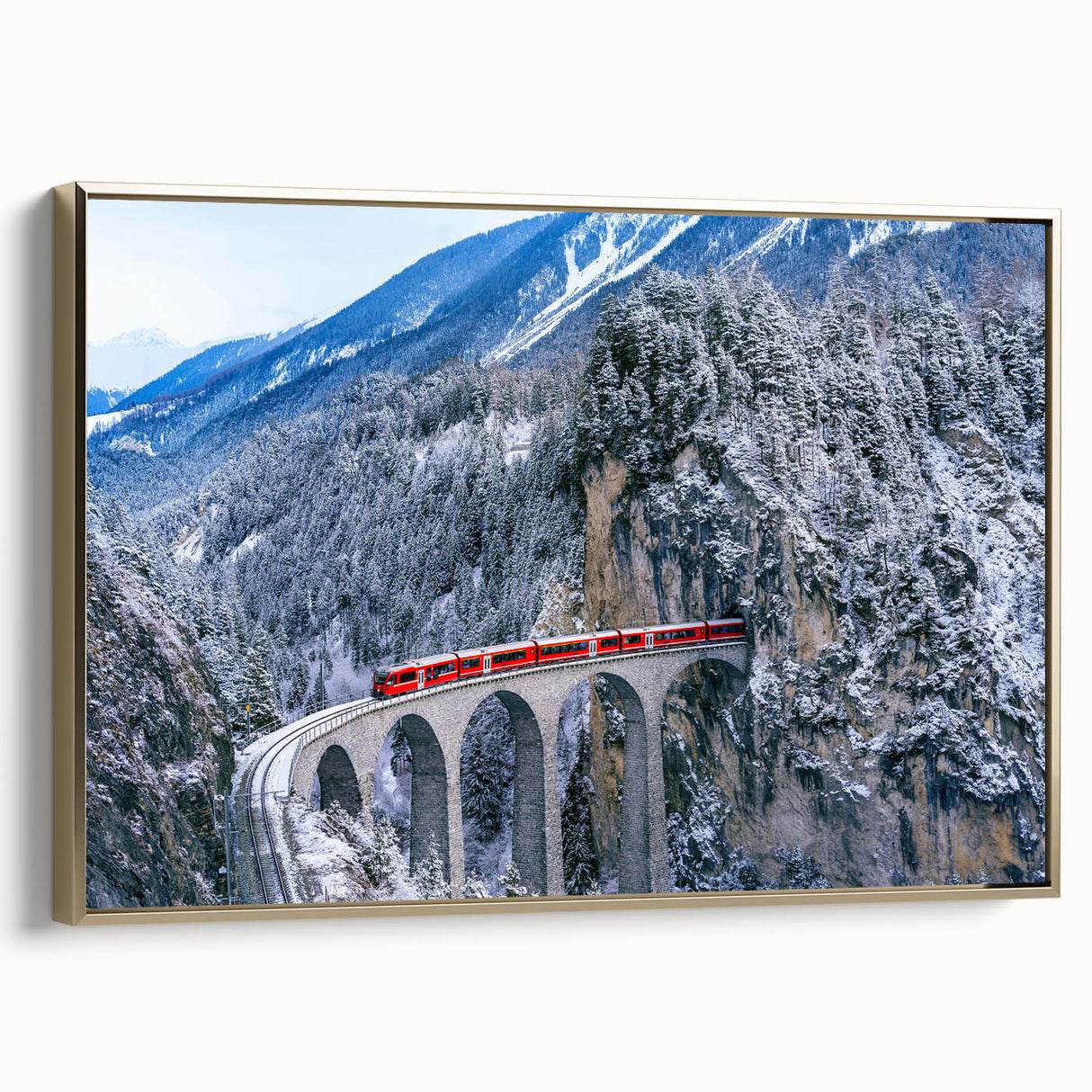 Framed canvas of a vintage train in a landscape, with gold frame, ideal for bedroom wall art.