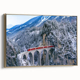 Framed canvas of a vintage train in a landscape, with gold frame, ideal for bedroom wall art.