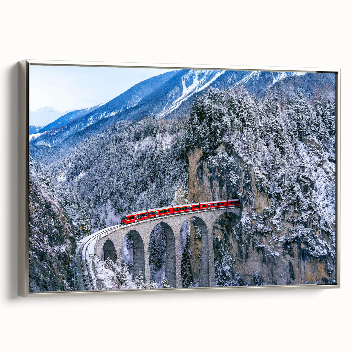 Framed canvas depicting a vintage train in a colorful landscape, ideal for enhancing a study or office space.