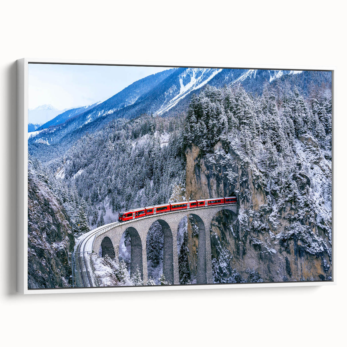 Vintage poster art of a colorful train on black framed canvas, ideal for extra large living room wall.
