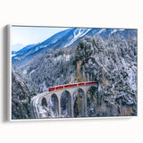 Vintage poster art of a colorful train on black framed canvas, ideal for extra large living room wall.