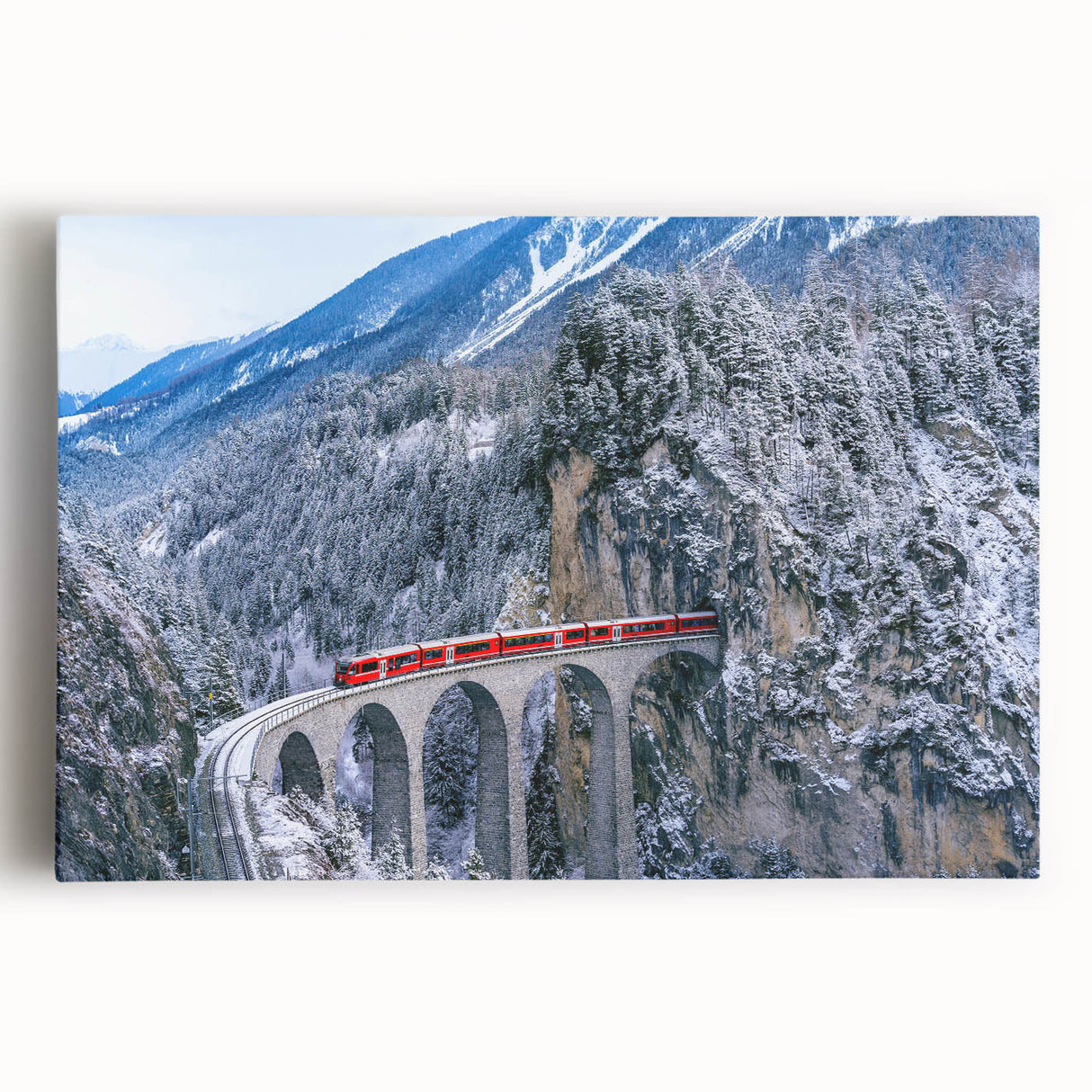 Black and white photo of a vintage train on stretched canvas, ideal for kitchen wall art.