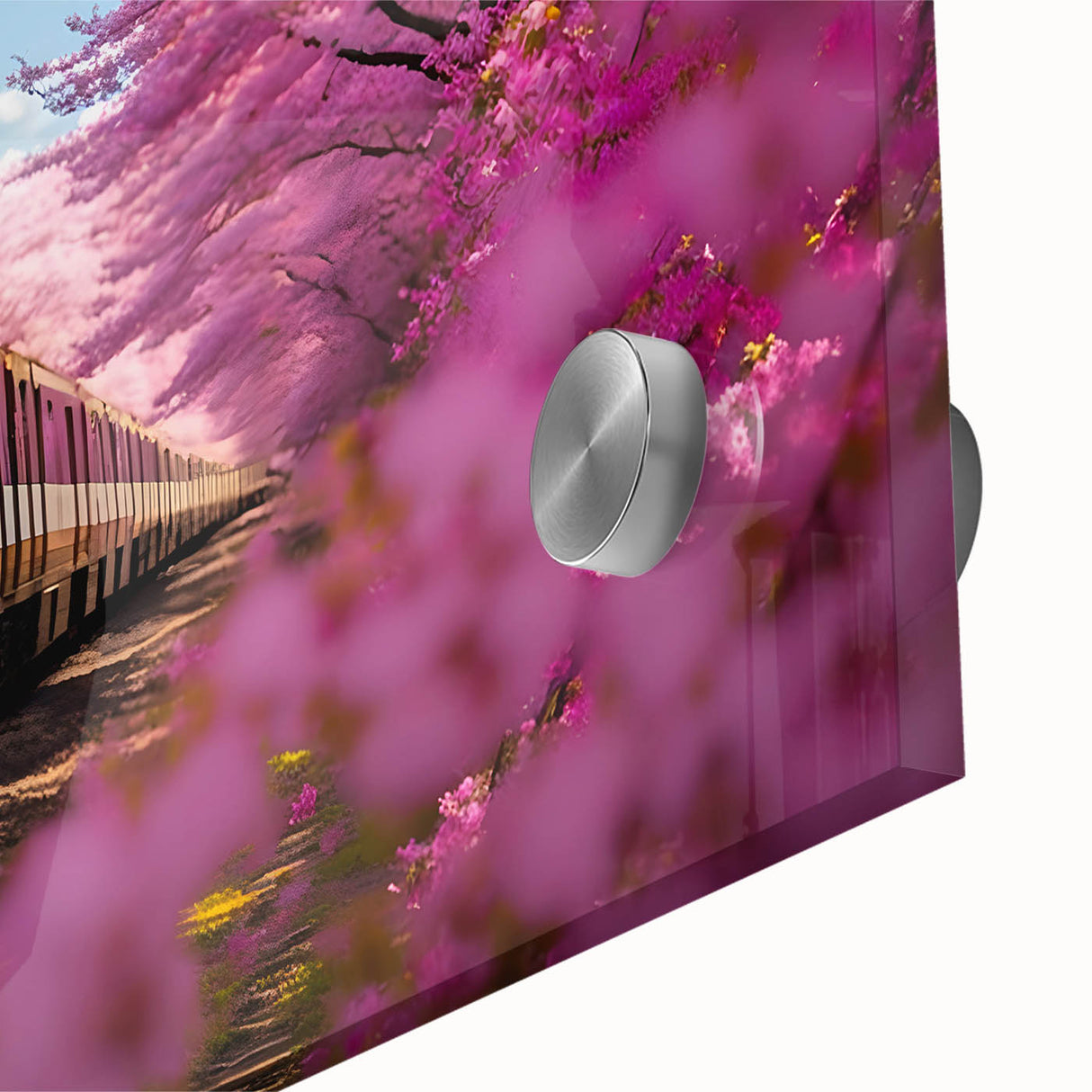 Mid-century modernist train motif in bold colors on acrylic, ideal for dining room art.