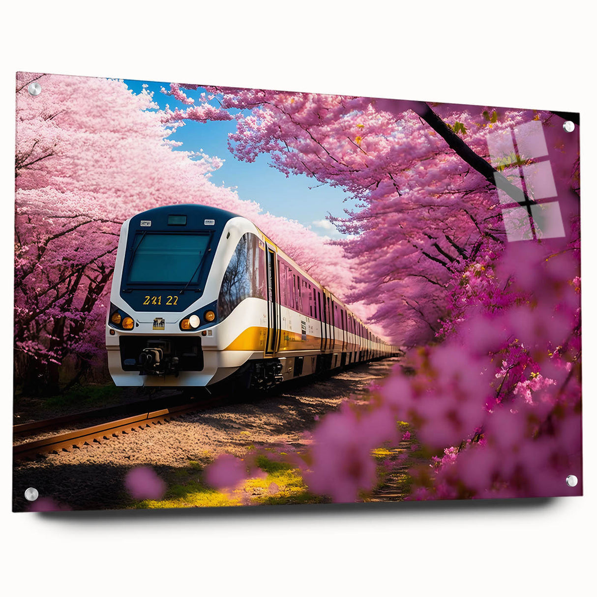 Side view of a train depicted in large abstract style on acrylic glass, using muted metallic tones.