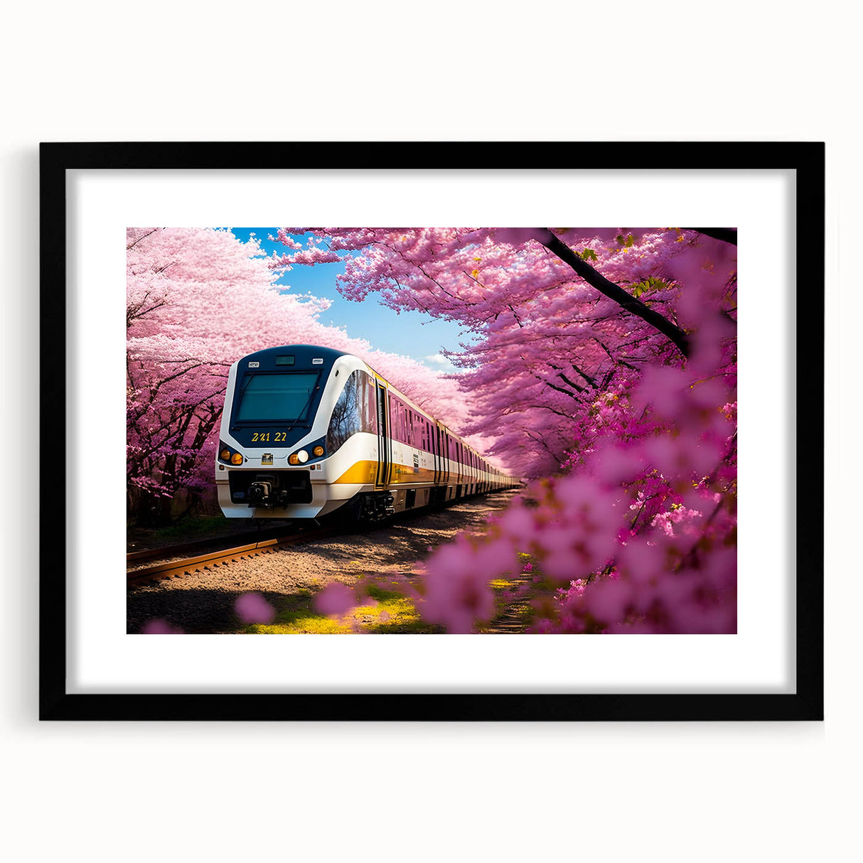 Abstract art print featuring a colorful, textured depiction of a train on a large black-framed canvas.