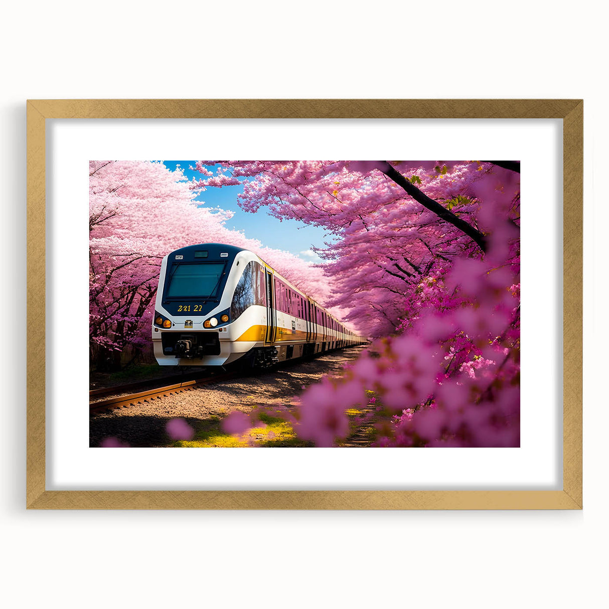 Extra large abstract art print of a train in textured gray tones on a gold-framed canvas, ideal for living room decor.