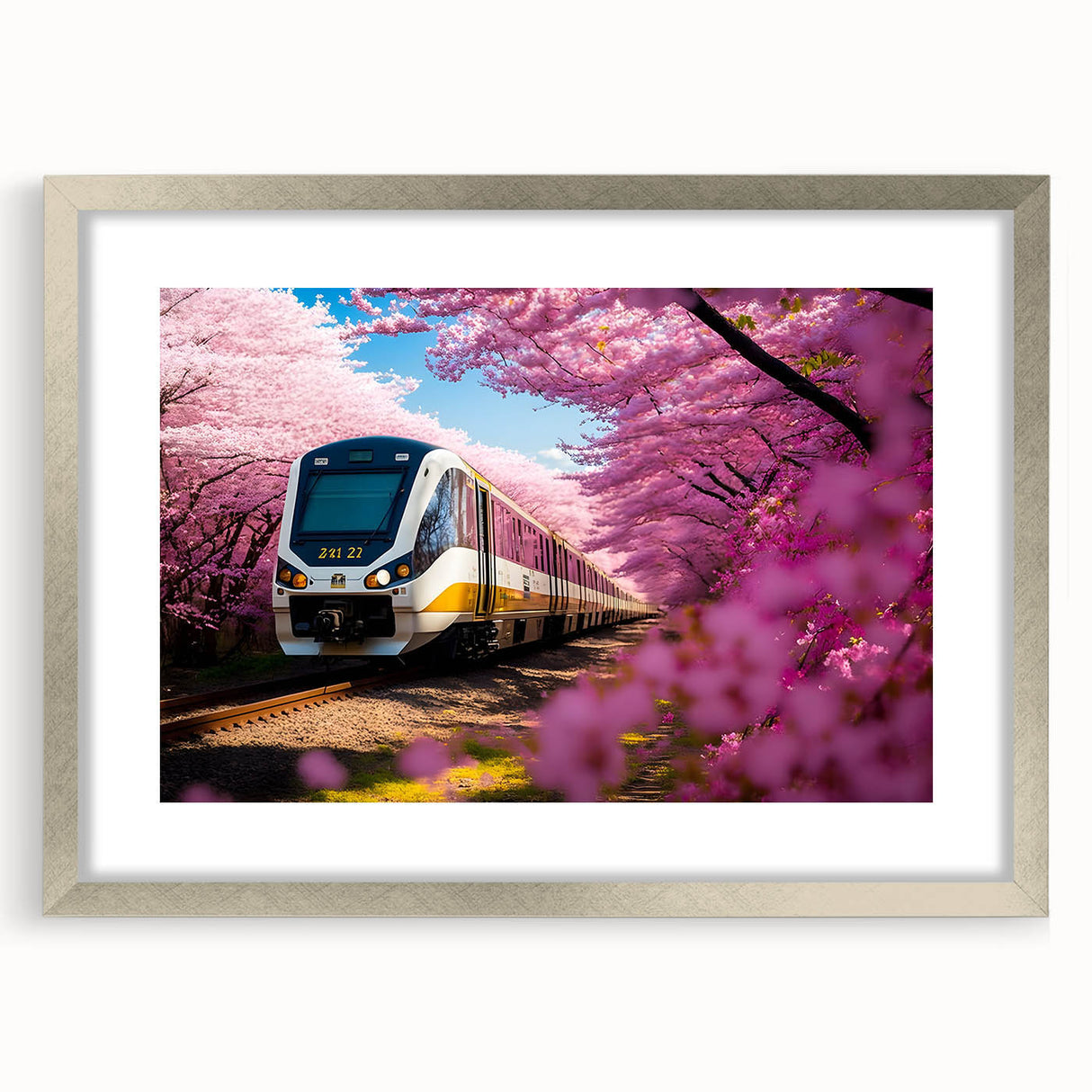 Textured abstract art print of a stylized train in muted gray and silver, framed with a silver mat.