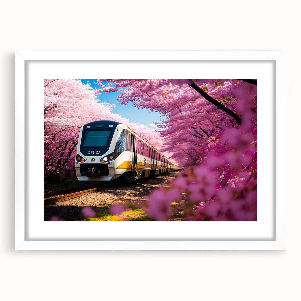 Abstract art print of a stylized train in monochrome shades, framed with white mat.